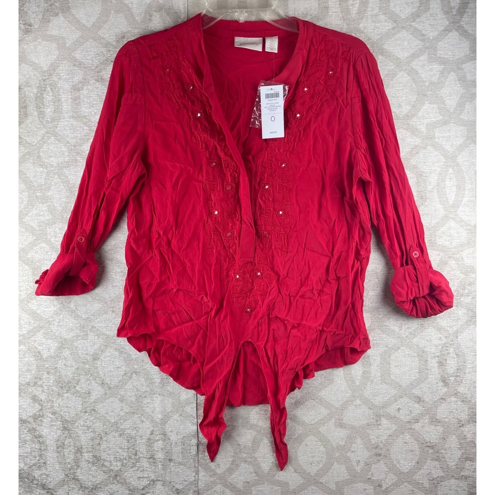 Chico's Hadley Top Women's 0 S Rambling Red Sequin Embroidered Tie Front Rayon